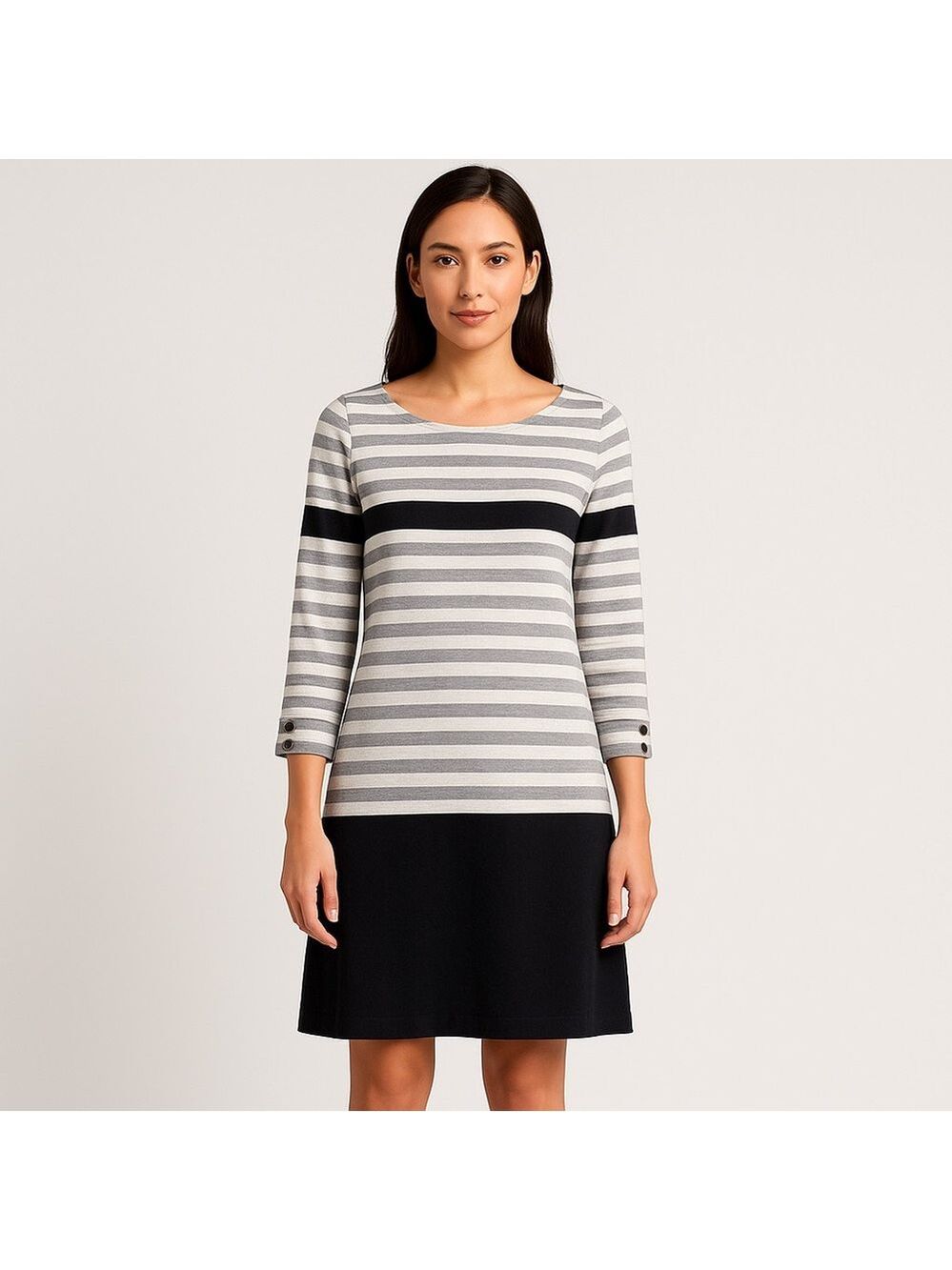 Hatley 100% cotton shift dress tunique striped grey white pink 3/4 sleeves